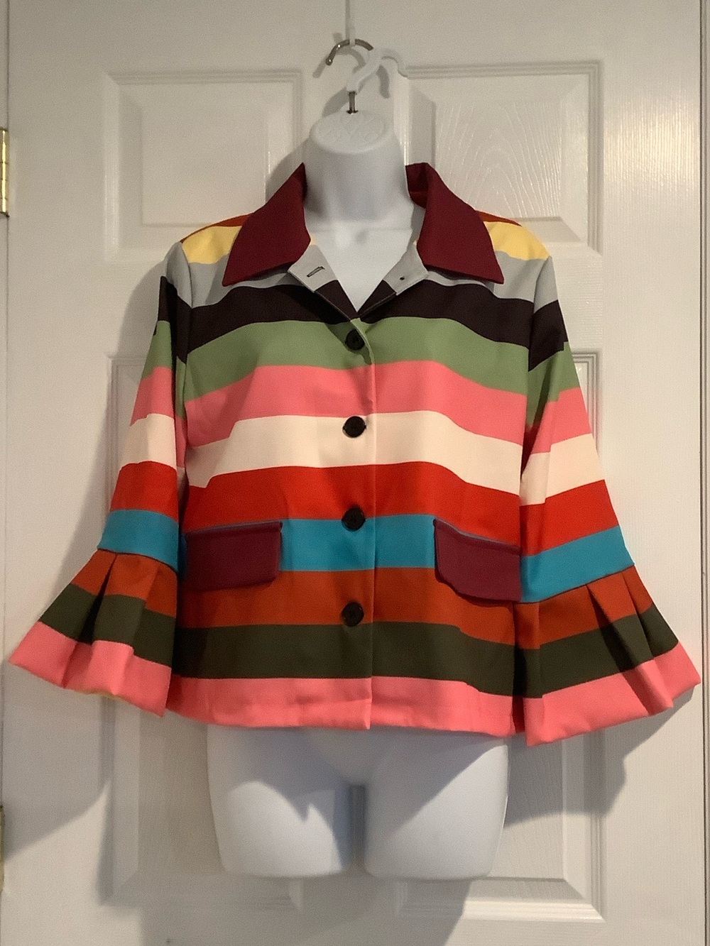 Women’s Multicolored Striped Trumpet Sleeve Maximalist Bold Fall Blazer Jacket L